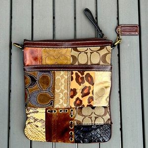 Coach purse Crossbody bag patchwork brown signature C pattern snakeskin leather